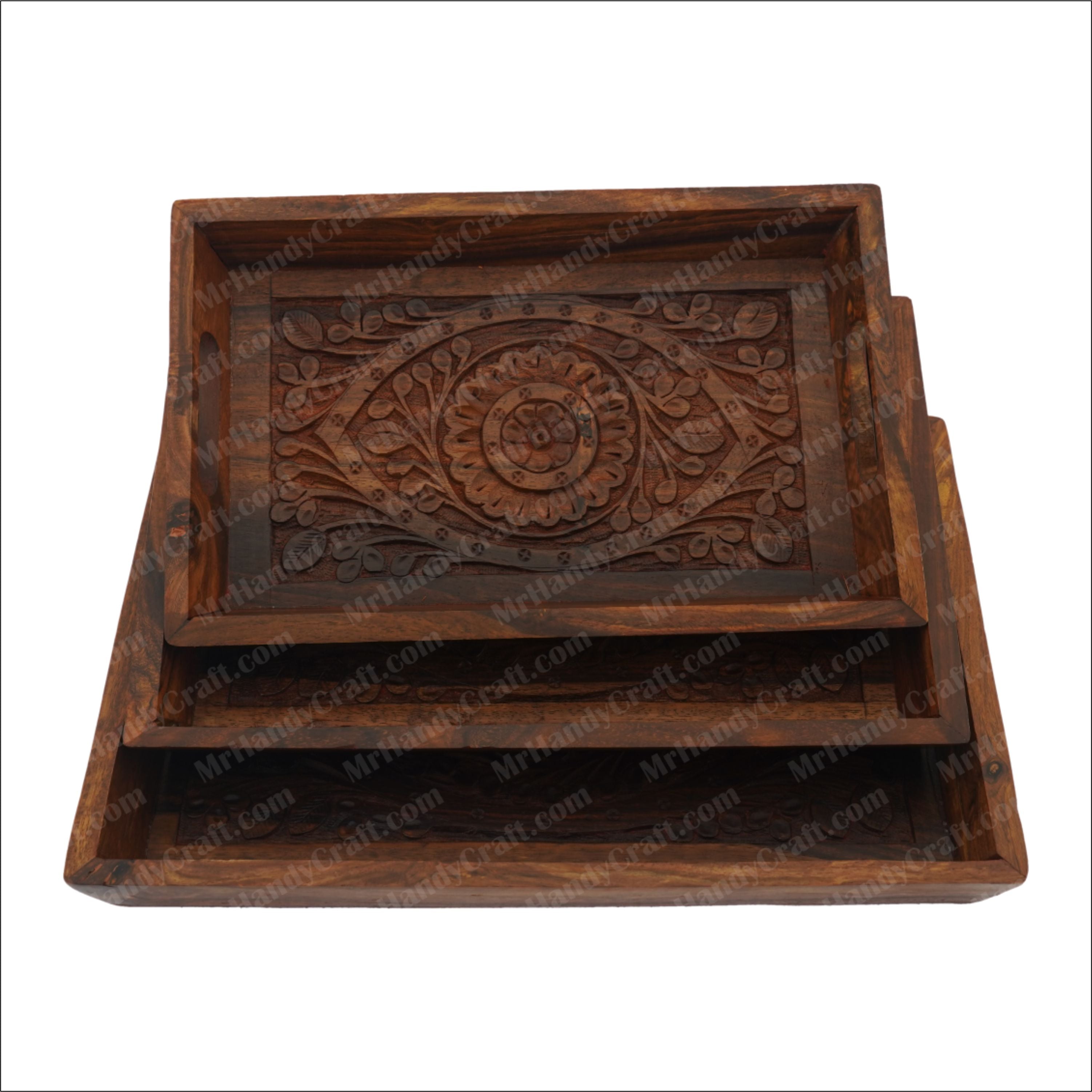 Wooden Tray Set Carving 3 Pcs